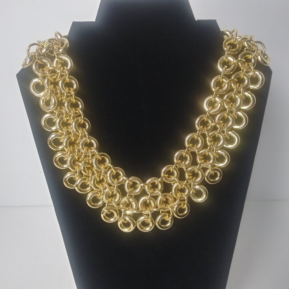 Gold Chainmaille Necklace Triple Strand Intricate Loop Design Perfect Condition